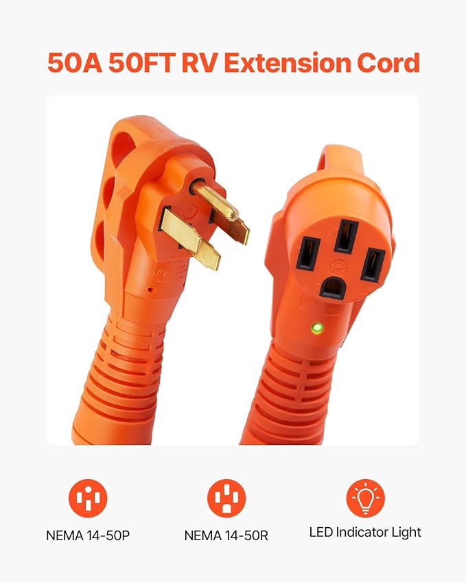 VEVOR 50 Amp RV Extension Cord 50 Feet, Heavy Duty STW 6/3+8/1 AWG Power Cord - Image 2