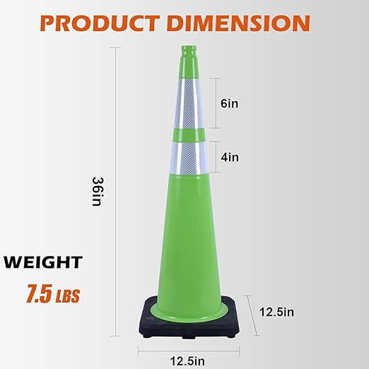 8 Pack 36 Inch Green Reflective Safety Cones, Tall Black Base Traffic Cones - Image 2