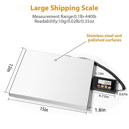 Digital Postal Scale, 440lb x 10g Accuracy Shipping Scale, Stainless Steel - Image 2