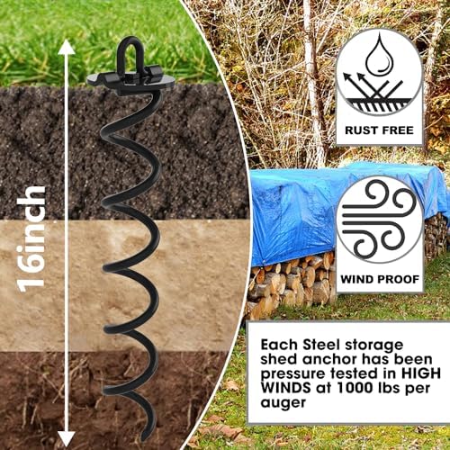 Eurmax USA 4-Pack Spiral Ground Stakes,Anti-Rust High Wind Trampoline Stakes Anchors,Heavy Duty Screw-in Anchor Kit with Tie Down Straps for Dog Tie-Out,Trampoline,Tents,Tarps,Carports and More,Black - Image 4