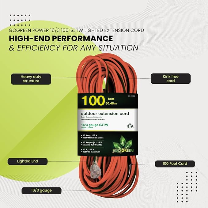 Go Green Power Inc. 16/3 100ft Outdoor Extension Cord - Image 5