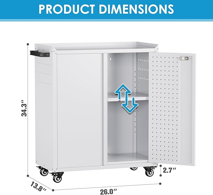 Garage Storage Cabinet with Wheels & Pegboard, 34.3" H Locking Metal Storage - Image 2