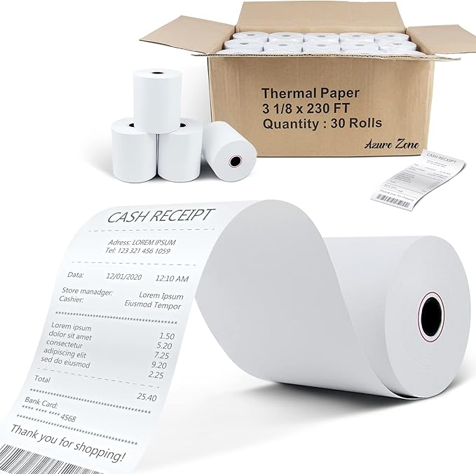 3-1/8 X 230 ft Thermal Credit Card Paper, 80mm Receipt Printer Square POS by AzureZone