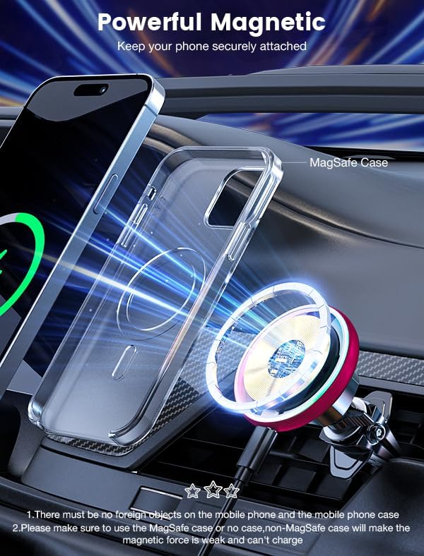 for Magsafe Car Mount Charger 15W LED RGB Car Phone Holder for Dash Vent - Image 6