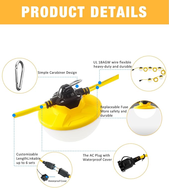 50FT Construction String Light 65W 8000Lm, 5000K Industrial Grade LED String - Image 2