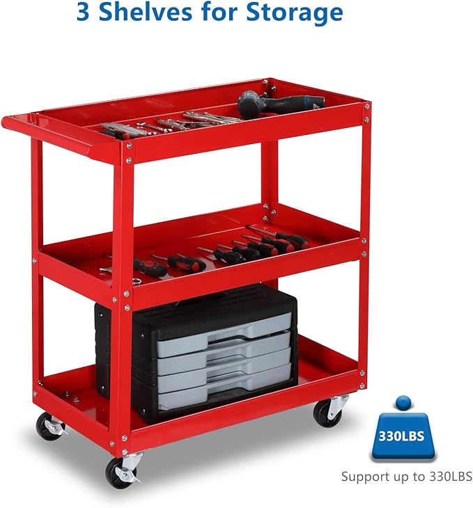 TUFFIOM 3 Tier Rolling Tool Cart, 330 Lbs Capacity, 3 Shelves Steel Utility Cart - Image 2