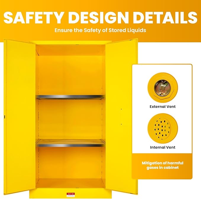 90 Gallon Yellow Flammable Storage Cabinet, Fireproof Steel Chemical Storage - Image 4