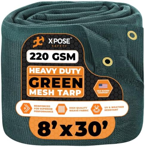 Xpose Safety Heavy Duty Green Mesh Tarp 8' x 30' – 70% Sunblock Shade Cloth with Grommets for Garden, Fence, Privacy Screen, Canopies, Dump Trucks, Pool Cover – Tear & Weather Resistant by XposeSafety