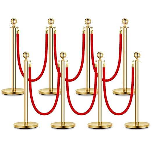 8PCS Gold Stanchion Post, 5 Ft Red Velvet Rope Stainless Steel Crowd Control by Unknown