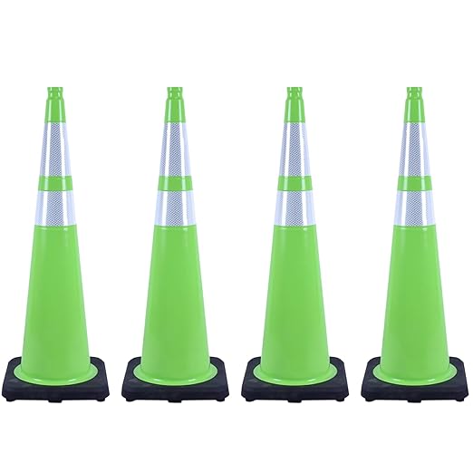 4 Pack 36 Inch Green PVC Traffic Cones Black Base Stable Large Size, Highway by OranclUS