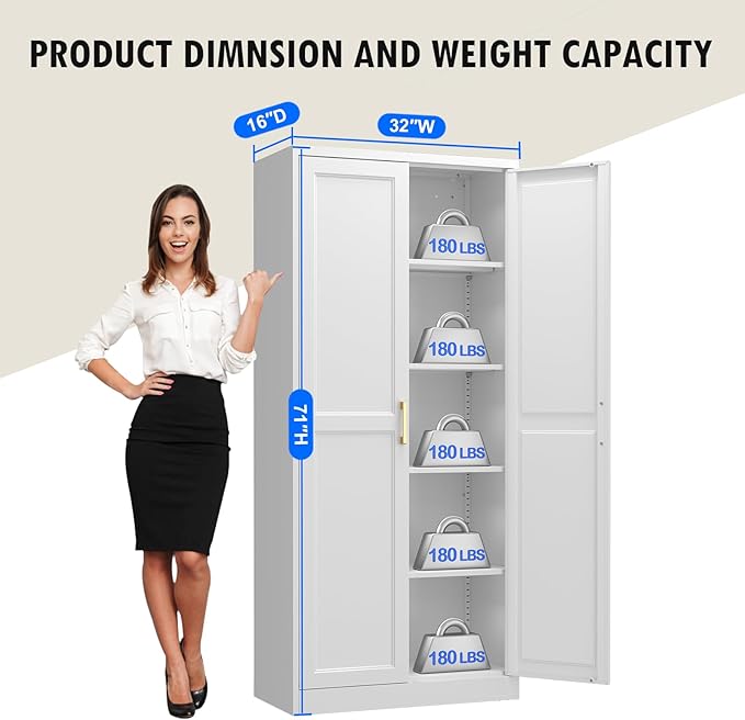 White Kitchen Pantry Cabinet, 71 Inch Tall Metal Storage Cabinet - Image 3