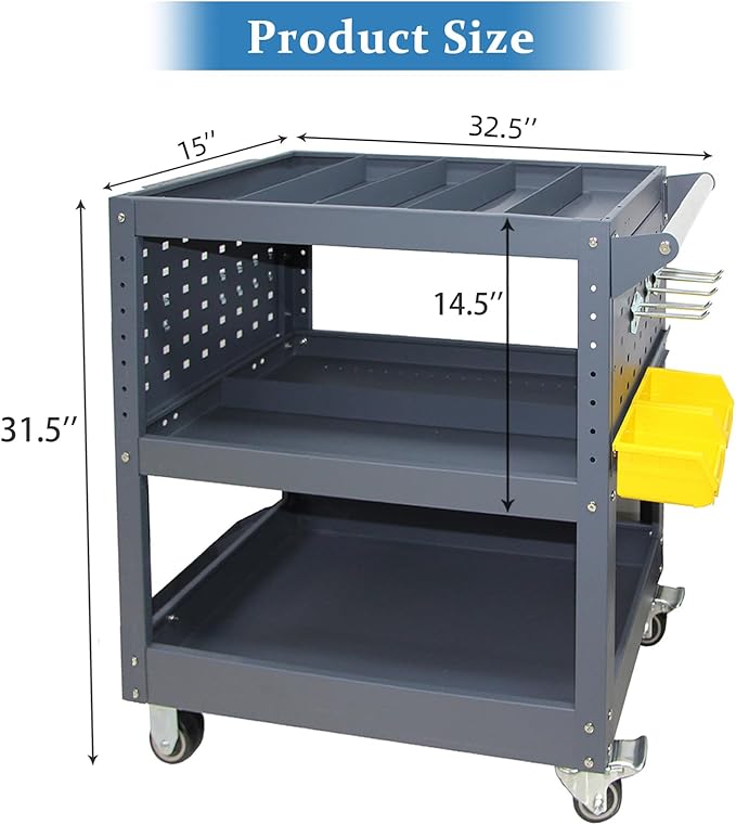 3 Tier Rolling Tool Cart with 6 Dividers, Mesh Panels & Screwdriver Shelf - Image 5