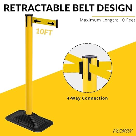 4-Pack 36" Yellow Crowd Control Stanchions, Heavy-Duty Rubber Rectangular Base - Image 2