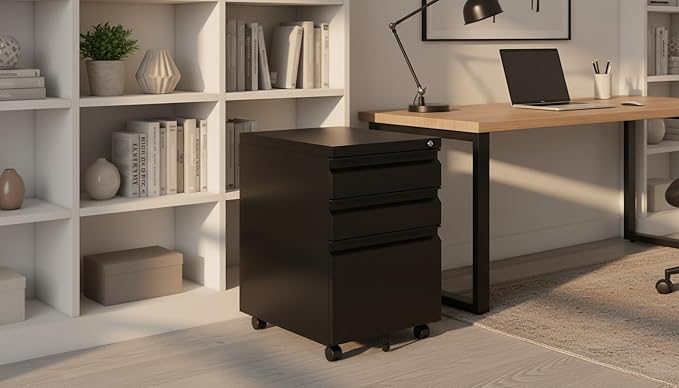 Black Metal 3-Drawer Mobile File Cabinet - Image 9
