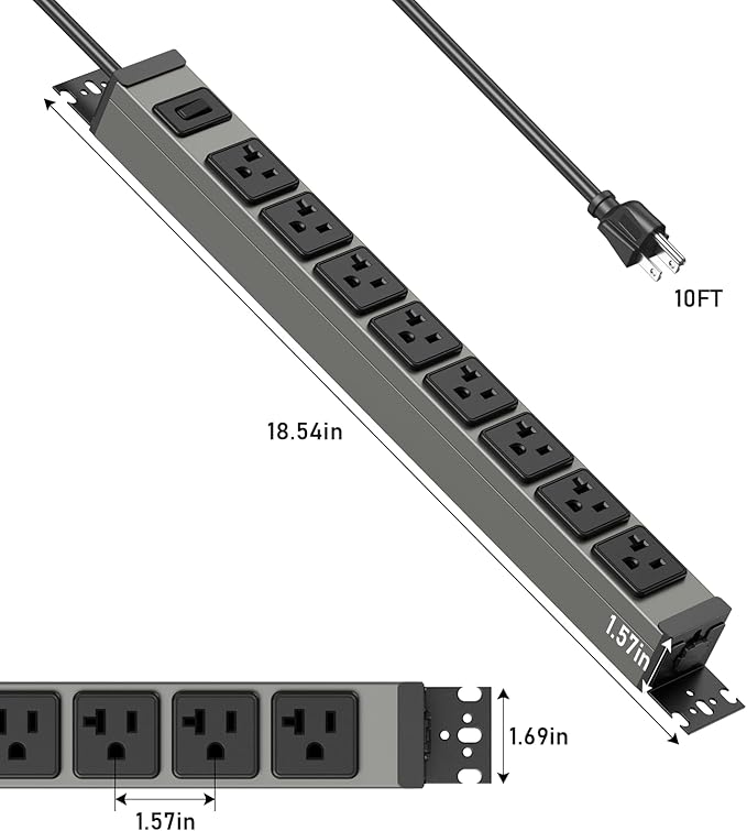 JUNNUJ Heavy Duty Power Strip Wall Mount, 20 Amp Surge Protector 1200J Metal 8 - Image 6