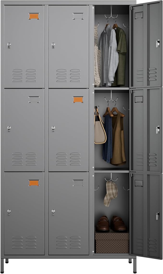 Employee Lockers with 27 Hooks, 9 Doors Metal Storage Locker with Card Holder by GANGMEIMENTALSTORAGECABINET