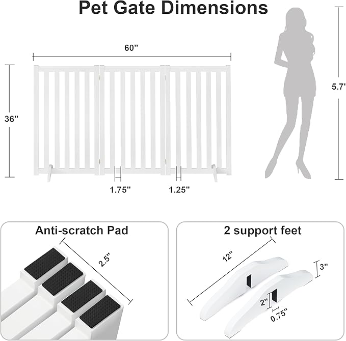 36" Height Extra Tall Freestanding Pet Gate, Solid Wood Folding Safety Fence - Image 2