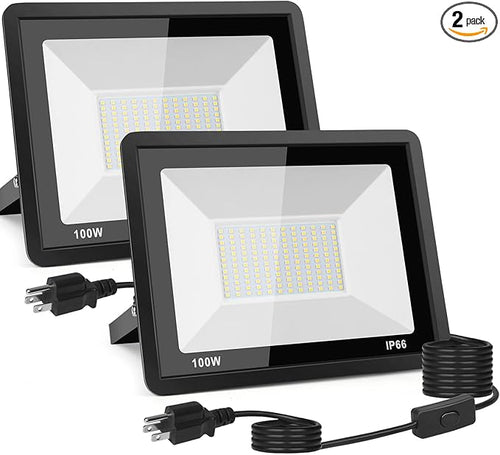 2-Pack 100W LED Flood Light Outdoor, 10000LM Bright Plug-in Flood Lights by ZAROVS