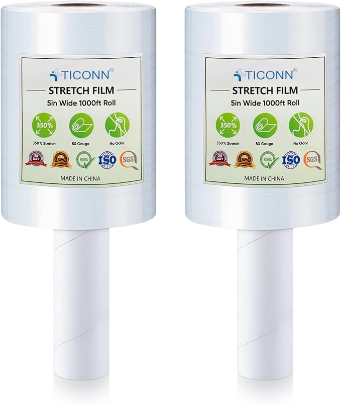 TICONN 2Pk Stretch Wrap Stretch Film Roll, 1000ft Industrial Strength 5 inch by TICONN