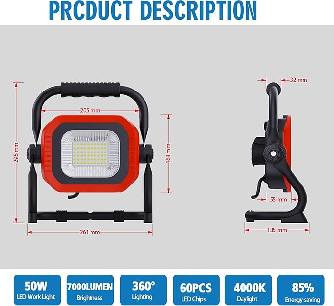 50W 7000LM LED Work Light with Adjustable Stand - Image 2