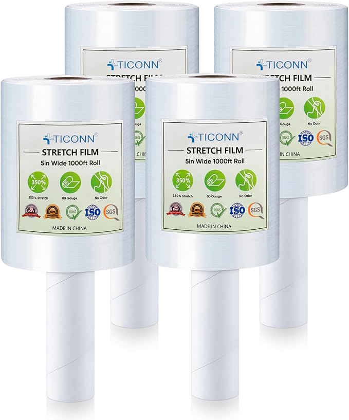 TICONN 4Pk Stretch Wrap Stretch Film Roll, 1000ft Industrial Strength 5 inch by TICONN