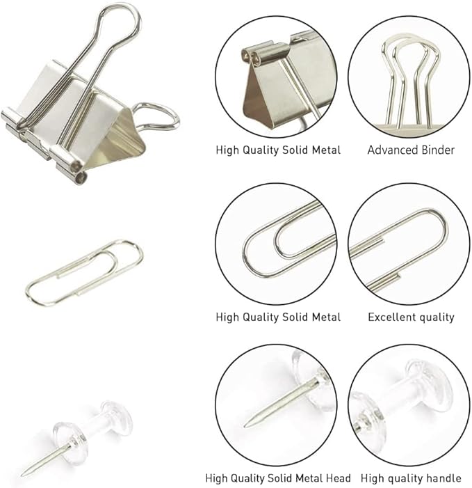 Silver Binder Clips and Paper Clips Push Pins Tacks Sets, Total 72 PCS Assorted - Image 3