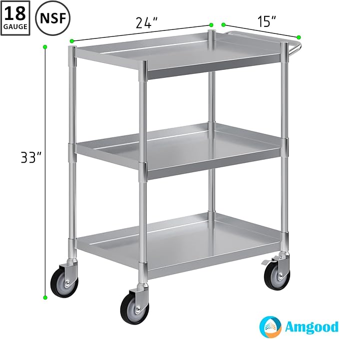 3 Shelf Stainless Steel Tubular Utility Cart | 15 in. Wide x 24 in. Long x 33 - Image 3