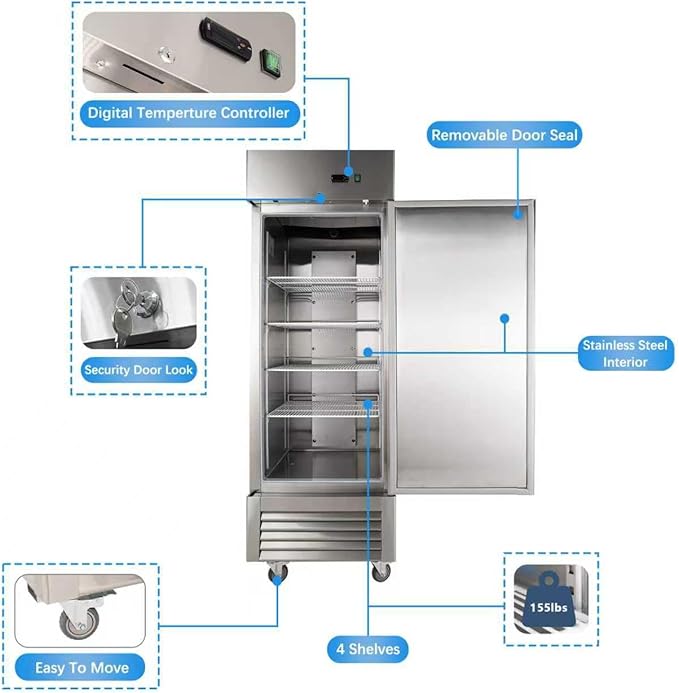 JINSONG 27" Commercial Refrigerator, 23 Cu.Ft Reach-in Stainless Steel Fridge - Image 2