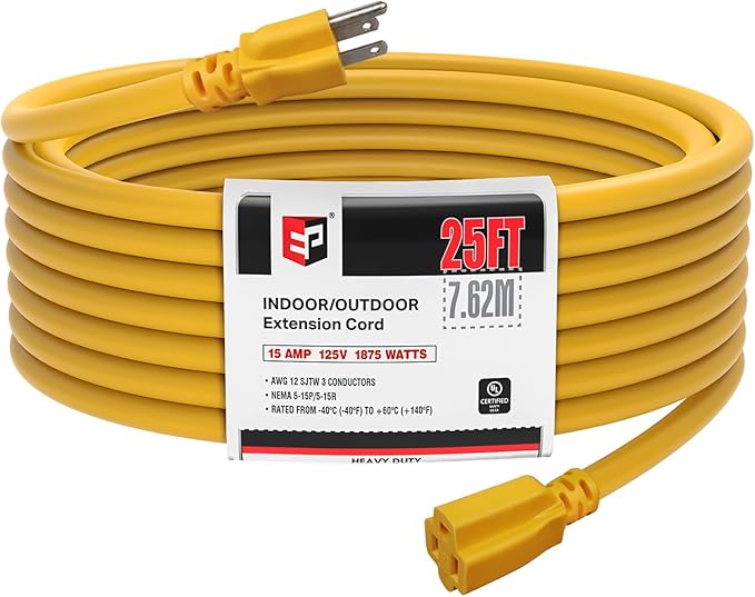 EP 25 Ft Outdoor Extension Cord, 12/3 SJTW Heavy Duty Extension Cable by ENERGYPRO