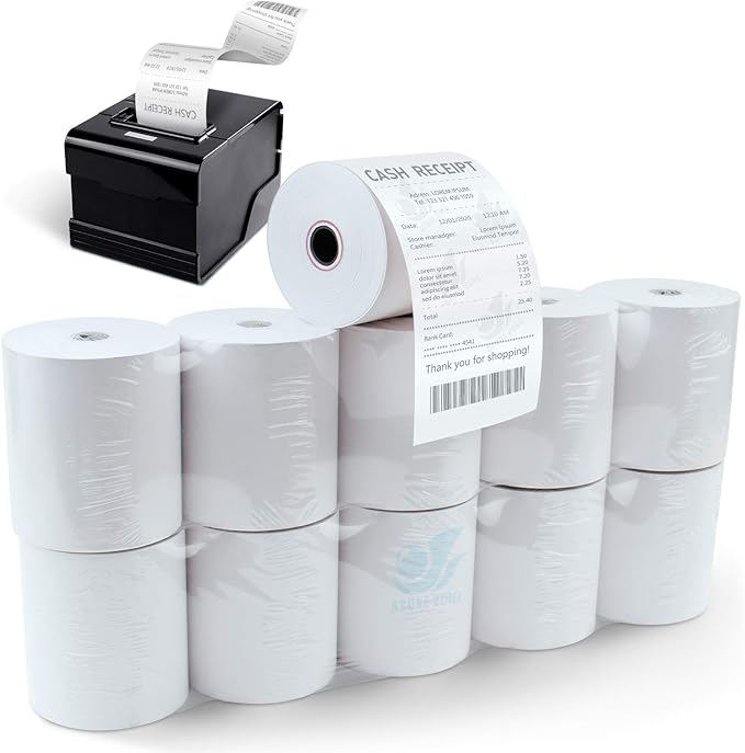 3-1/8 X 230 ft Thermal Credit Card Paper, 80mm Fits Most POS Machines and Cash by AzureZone