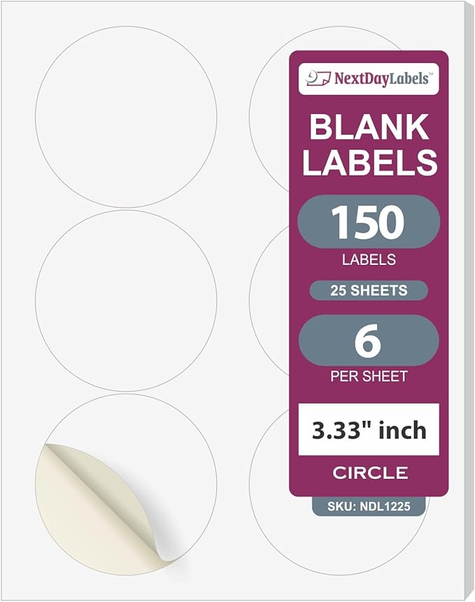 NextDayLabels - Round Labels 3.33 Inch - 150 Printable Labels by NextDayLabels