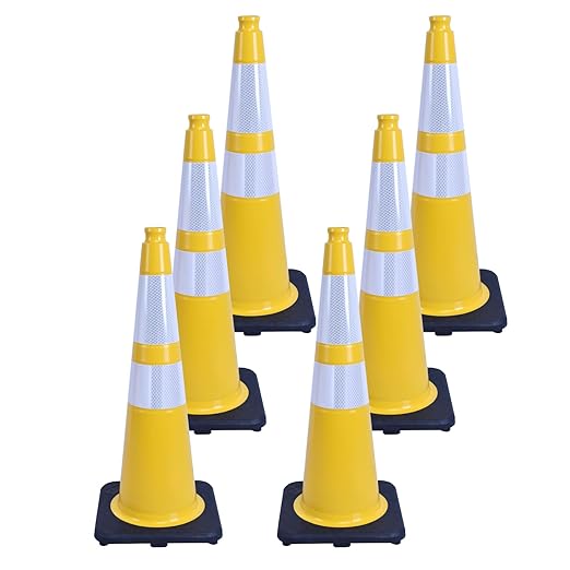 6 Pack 28 Inch Yellow Reflective Traffic Cones, Heavy Duty Black Base Safety by OranclUS
