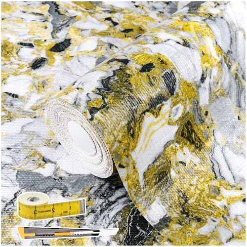 Drawer and Shelf Liner - Yellow Black Marble Pattern,Non Adhesive by Kimhan