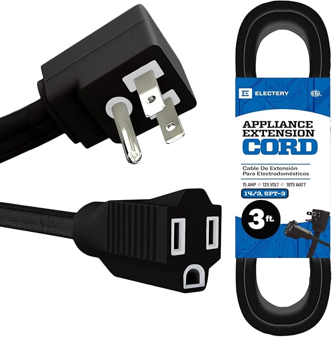 3 ft Heavy Duty Appliance Extension Cord, 14 AWG, 15A 125V 1875W, 3 Prong Flat by ELECTERY