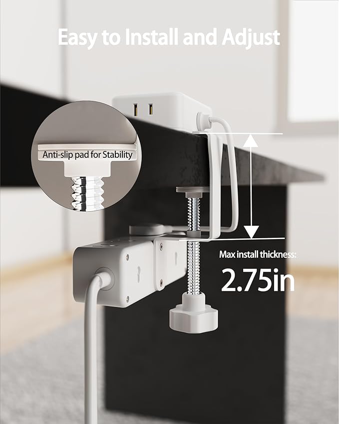 Dual Layer Desk Clamp Power Strip（White）, Desktop Edge Mount Charging Station - Image 3