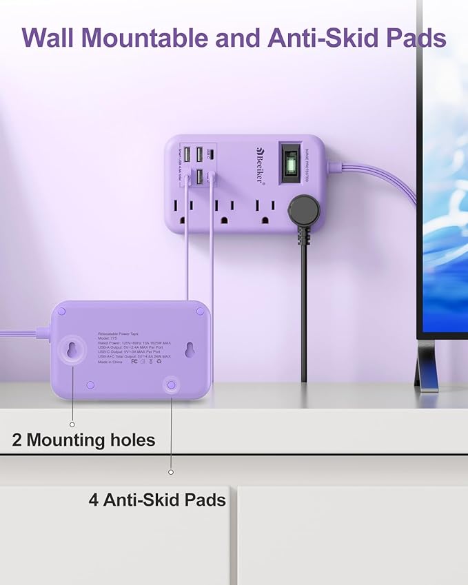 6 USB Purple Surge Protector Power Strip- 10 Ft Purple Extension Cord - Image 5