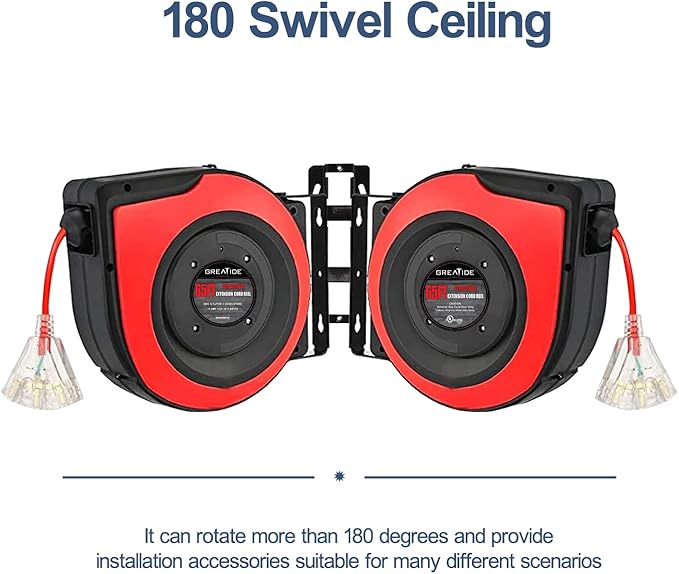 Retractable Extension Cord Reel, 65 Feet 12 AWG/3C SJTOW Heavy Duty Power Cord - Image 5