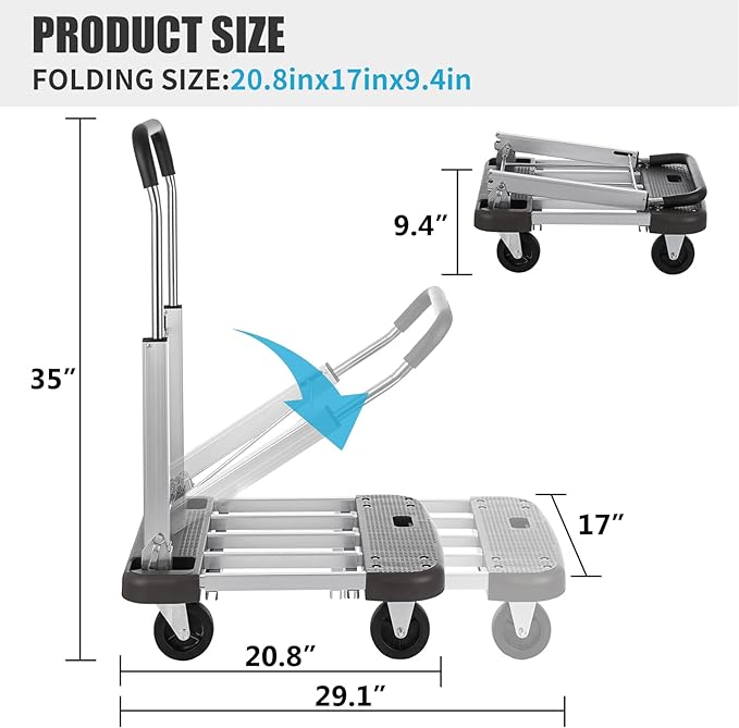Foldable Platform Cart 29" x 17" x 35" Aluminum Platform Truck 330lbs Capacity - Image 3