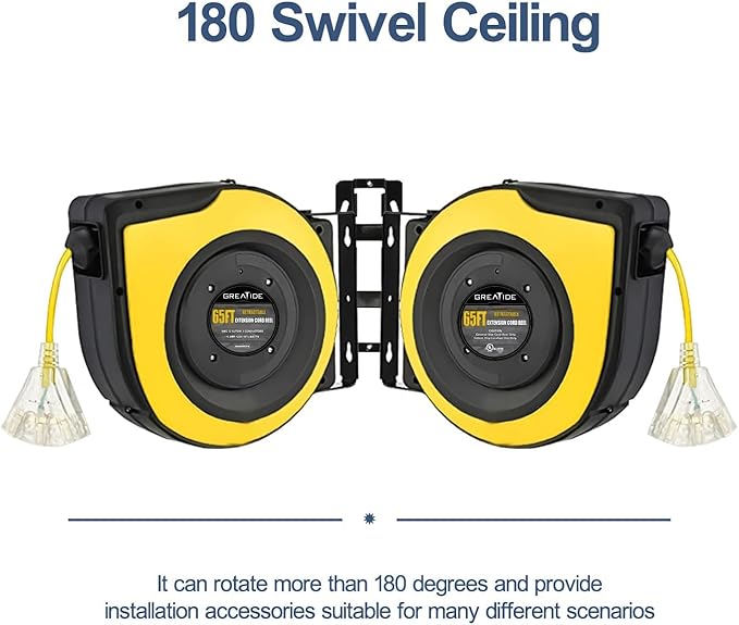 Retractable Extension Cord Reel, 65 Feet 12 AWG/3C SJTOW Heavy Duty Power Cord - Image 5
