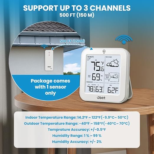 Indoor Outdoor Thermometer Wireless Weather Station, Battery Powered Inside - Image 4