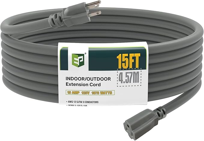 EP 15 Ft Outdoor Extension Cord, 12/3 SJTW Heavy Duty Extension Cable by ENERGYPRO