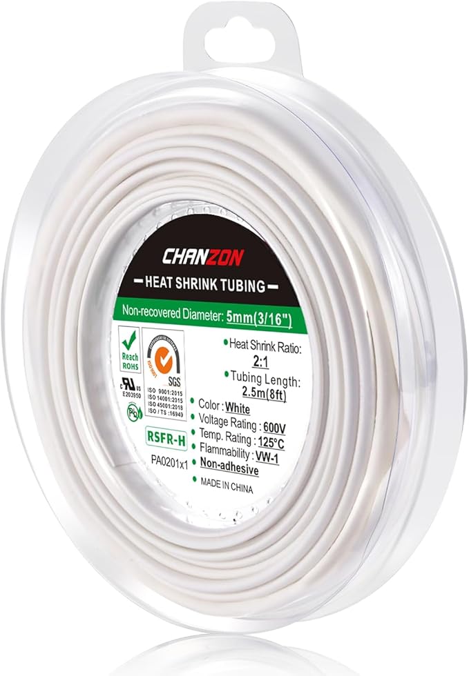 Chanzon 2:1 Ratio 3/16" Heat Shrink Tubing 8Ft Roll White Polyolefin Sleeving by Chanzon