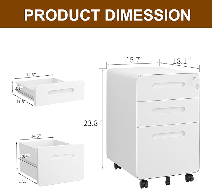 3 Drawer File Cabinet with Lock and 4 Keys, Mobile Metal Filing Cabinet - Image 3
