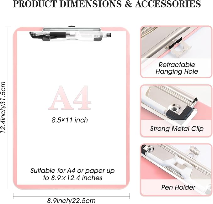 2 Pack Pink A4 Clipboard with Pen Holder, Standard Letter Size, Heavy Duty Clip - Image 3