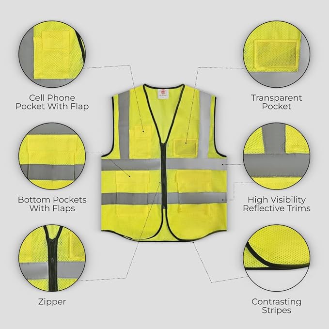 High-Visibility Safety Vests – Pack of 3, Reflective vest, Front Zipper & - Image 5