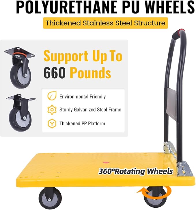 Hand Cart 660 lbs, Push Cart Dolly Yellow, Capacity Platform Truck Foldable - Image 2