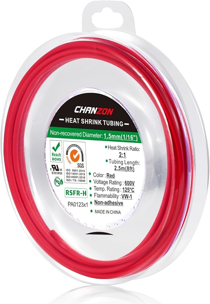 Chanzon 2:1 Ratio 1/16" Heat Shrink Tubing 8Ft Roll Red Polyolefin Sleeving by Chanzon
