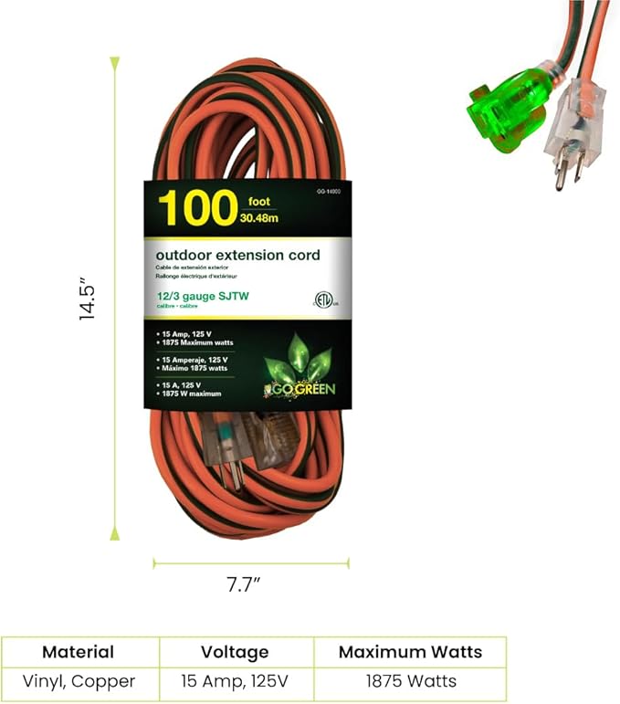 Go Green Power Inc. 12/3 SJTW Outdoor Extension Cord, Lighted End, 100 ft - Image 2