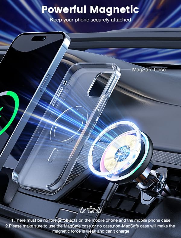 for Magsafe Car Mount Charger 15W LED RGB Car Phone Holder for Dash Vent - Image 6