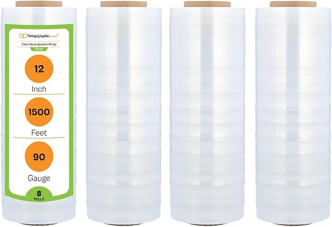 PSBM Stretch Wrap, 8 Pack, 12 Inch x 1500 Feet, 90 Gauge, Cast Hand Stretch by PackagingSuppliesbymail